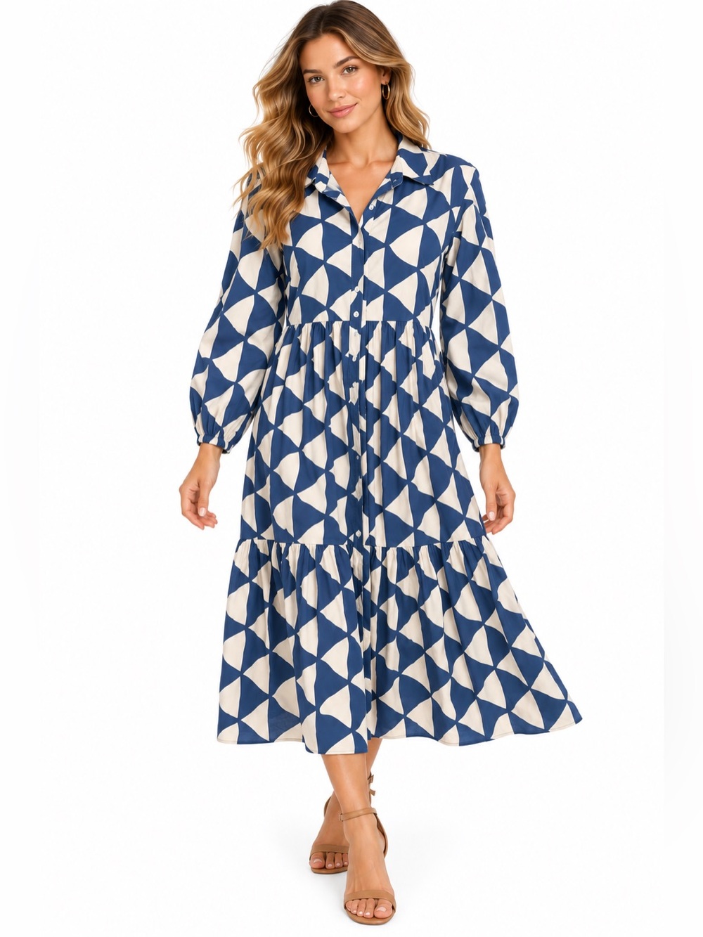 Rachel Zoe Blue and Cream Geometric Tiered Midi Dress Size Small Womens